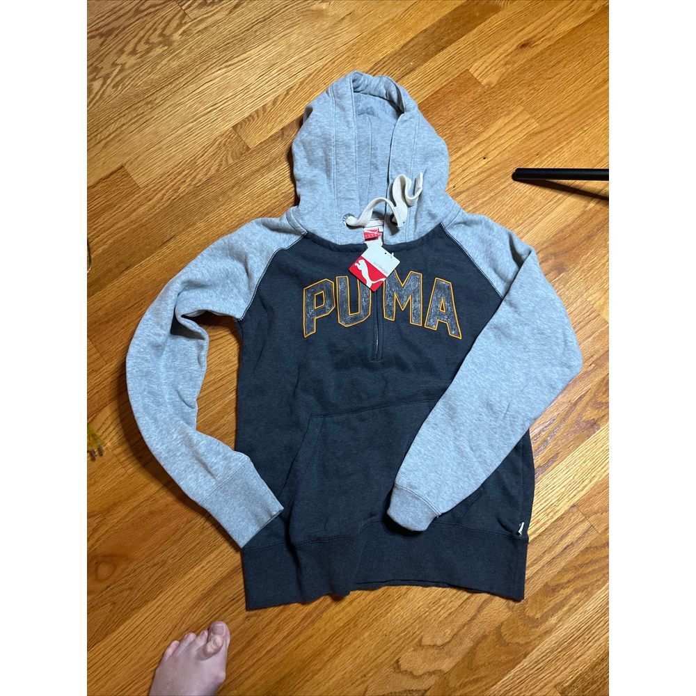 PUMA Two-Tone 1/4 zip Raglan Hoodie Gold Logo Athletic Sweatshirt Grey L NWT $70